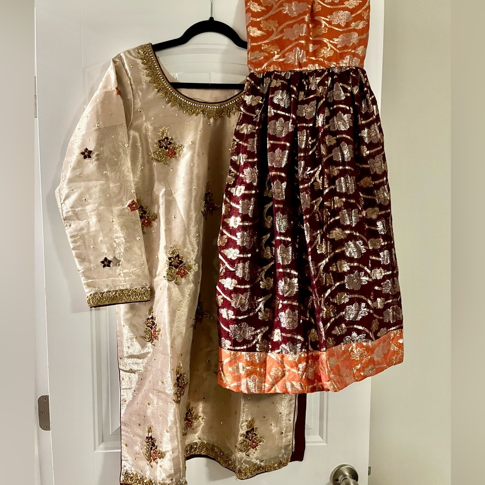 Elegant Cream and Maroon Brocade Traditional Outfit with Dupatta